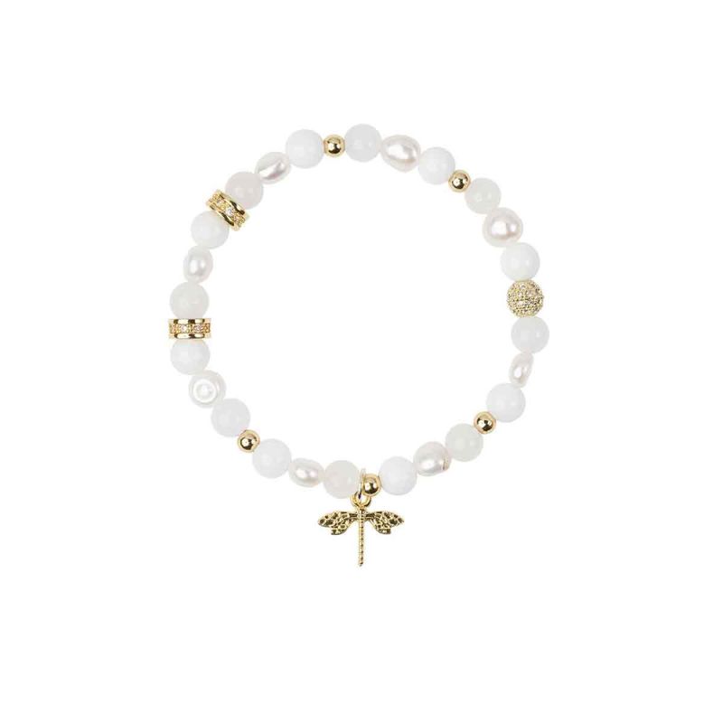 Stone & Pearl Bead Bracelet 6 mm W/Charm